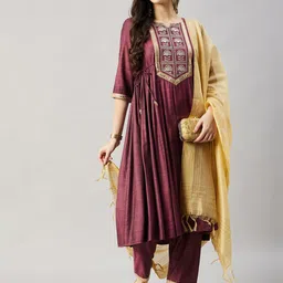 WineRed Women Floral Yoke Design Regular Thread Work Kurta with Trousers & With Dupatta-picture-51