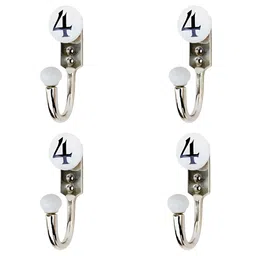 IndianShelf Silver-Toned & White 4 Pieces Number 4 Printed Ceramic & Zinc Wall Hooks-image-38
