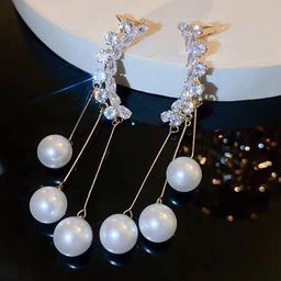 VAGHBHATT Korean Gold-Plated Artificial Stones Studded & Pearls Beaded Tasselled Ear Cuff-13