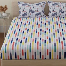 Huesland by Ahmedabad White Abstract Cotton 144 TC Double Queen Bedsheet Set-2.44mx2.23m-image-9