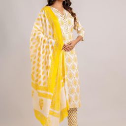 Jasoriya Floral Printed Mirror Work Notch Neck Pure Cotton Kurta with Trouser & Dupatta-53