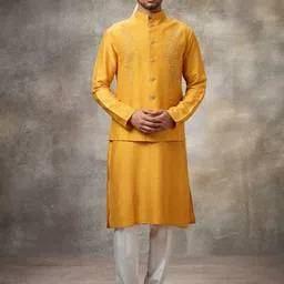 Rivaar By Rocky Star Mandarin Collar Straight Kurta With Pyjamas And Nehru Jacket-image-14
