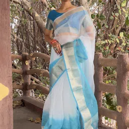 KALINI Tie and Dye Zari Organza Handloom Leheriya Saree-image-70