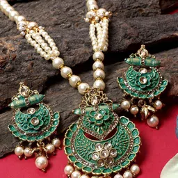 Anouk Gold Plated And Green Stones Studded & Pearls Beaded Necklace And Earrings-3