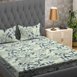Aura Grey & Green Floral 144 TC Queen Bedsheet with 2 Pillow Covers-image-57