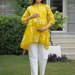 Aujjessa Print Mandarin Collar Roll-Up Sleeves Cotton Top-picture-49
