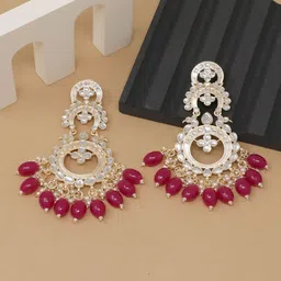 BELWICK Gold-Plated Kundan Studded And Pearls Beaded Circular Shaped Drop Earrings-11