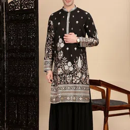 House of Pataudi Traditional Floral Embroidered Mandarin Collar Zari Straight Kurta-picture-40