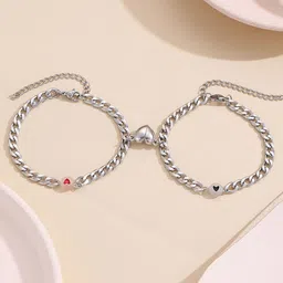 DIVASTRI Unisex Set of 2 Silver-Plated Stainless Steel Couple Heart Link Bracelets-26