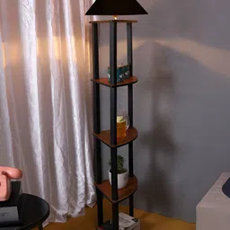 Devansh Black & Brown Frustum Shaped Wooden Shelf Floor Lamp-47