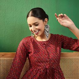 Sangria Women Bandhej Printed Maroon Fit & Flare Cotton Blend Tops-picture-38