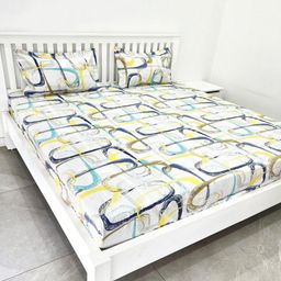 ohello Blue & Yellow Graphic 300 TC King Bedsheet with 2 Pillow Covers-42