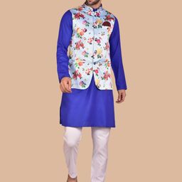 PRINTINDIA Mandarin Collar Pure Cotton Kurta With Trousers & Nehru jacket-image-90