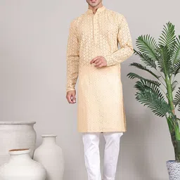 Majestic Man Floral Lucknowi Chikankari Embroidered Mandarin Collar Straight Kurta-54
