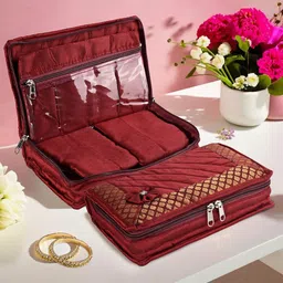 Kuber Industries Maroon 2 Pieces Self Design 7-Compartments Bow Jewellery Organizer-16