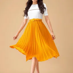 AASK Women Yellow Solid Crepe Fit and Flare Calf Length Dress-picture-16
