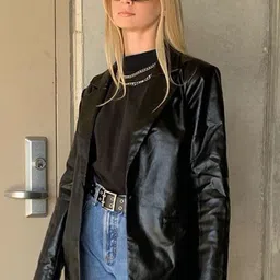 LULU & SKY Women Lapel Collar Solid Casual Leather Jacket-picture-0