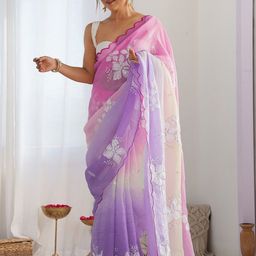 ROOP SUNDARI SAREES Floral Embellished Sequinned Pure Chiffon Saree With Blouse Piece-image-32