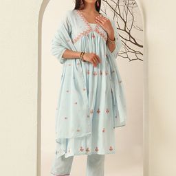 Anouk Blue Floral Embroidered V-Neck Pure Cotton Straight Kurta with Trousers & Dupatta-picture-4