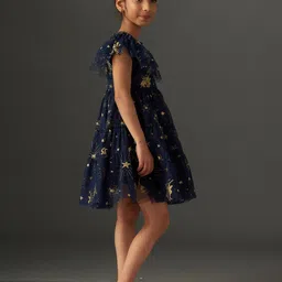 KidsDew Star Print Flutter Sleeve Net Fit & Flare Dress image 3