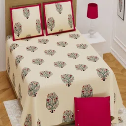 Myntra Elegant Homes Pink & Green Floral 250 TC King Bedsheet with 2 Pillow Covers-picture-32