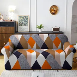 HOSTA HOMES White & Navy Blue Printed Polyester 3 Piece Sofa Cover With Arms-53