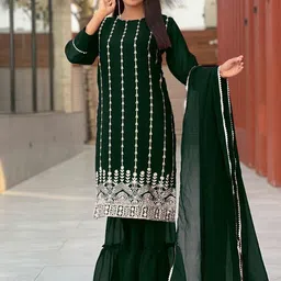 BINDUDI Floral Embroidered Round Neck Thread Work Kurta With Sharara & Dupatta-image-79
