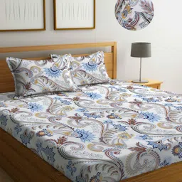 Myntra Elegant Homes White And Blue Printed 300 TC King Bedsheet Set 2.50 m x 2.25m-10