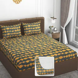 Myntra Elegant Homes Grey & Yellow Printed 300 TC Fitted King Bedsheet Set 1.82 m x 1.98 m-16