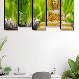 SAF Green & Gold-Toned 5 Pieces Buddha Religious Wooden Wall Art-image-92