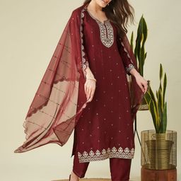 MOKOSH Floral Embroidered Sequinned Round Neck Straight Kurta with Trousers & Dupatta-image-26