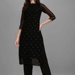 DIVASTRI Micro & Ditsy Embroidered Sequinned Round Neck Straight Kurta With Trousers-picture-56