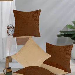 IVAZA Beige & Brown Set of 5 Velvet Square Cushion Covers-picture-2