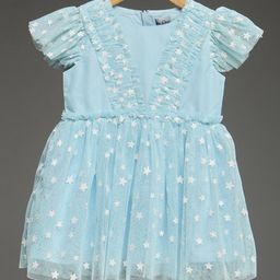 KidsDew Girls Stars Printed Flutter Sleeves Fit & Flare Above Knee Dress-image-47