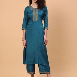 Rangriti Floral Embroidered Round Neck Thread Work Straight Kurta With Palazzos-image-73