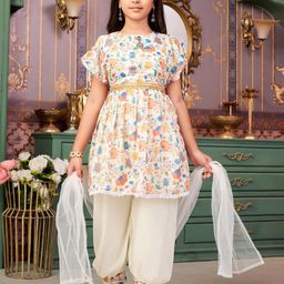 Sangria Girls Floral Printed Round Neck Georgette Kurti With Patiala Set & Dupatta-picture-36