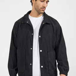 Styli Black Self Design Spread Collar Snap Button Corduroy Weave Utility Tailored Jacket image 3