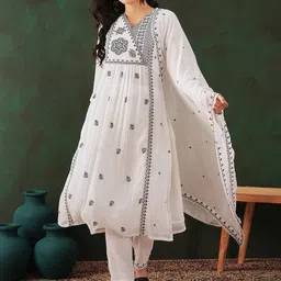 Sangria Floral Embroidered A Line Kurta With Trouser & Dupatta-15
