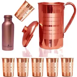 Pure Copper Water Jug 1.5 Ltr Leak-Proof Pitcher for Drinking Water Traditional Jug Bottle Glass Set-24