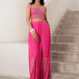 Pallavi Jaipur Embroidered Shoulder Straps Top And Trousers With Shrug-image-12