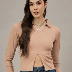R.Code by The Roadster Life Co. Ribbed Shirt Collar Crop Top-image-98