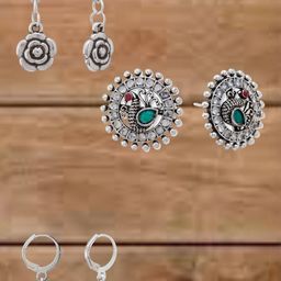 Sangria Set Of 3 Silver-Plated Artificial Stones Studded & Beaded Floral Drop Earrings-4