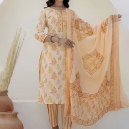 Kohsh Women Floral Printed Cotton Kurta with Trousers & Dupatta-image-58