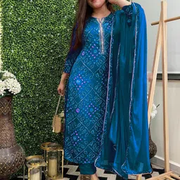 GoSriKi Bandhani Printed Mirror Work Straight Kurta With Trouser & Dupatta-picture-18