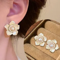 AKISON JEWELS Women Gold Plated White Floral Pearls Earrings-image-97