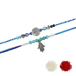 Asthetika Set of 2 Tree Of Life Hamsa Evil Eye Thread Rakhi With Roli Chawal image 3