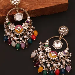 Anouk Gold-Plated American Diamond Studded & Pearls Beaded Floral Shaped Drop Earrings-48