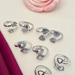 Sangria Set of 4 Adorable Silver-Plated Floral & Heart Shaped Design Toe Rings-47