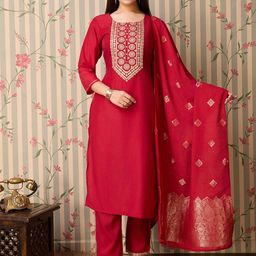 Suha Floral Embroidered Round Neck Sequinned Straight Kurta With Trousers & Dupatta-image-56