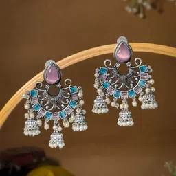 NAMAN ARTS Silver-Plated Artificial Stones Studded & Beaded Oxidised Jhumkas-image-82